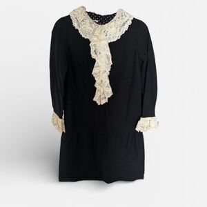 Vintage black dress with a cream lace jabot, Small